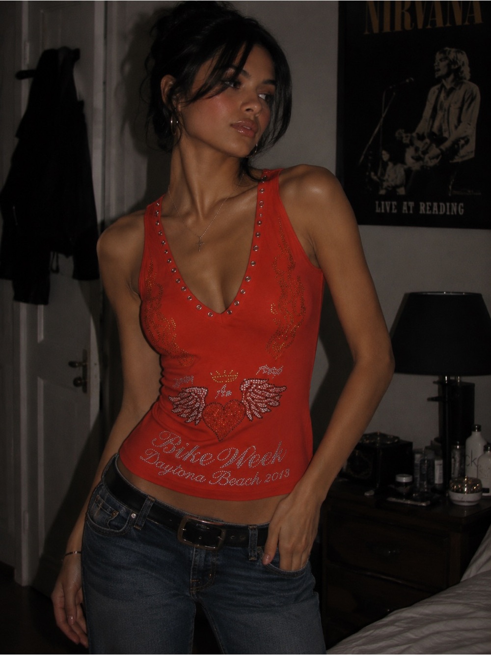 Vintage Y2K studded grommet rhinestone bike week tank